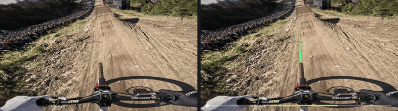 Raw footage next to the race line ending at a jump's lip and returning on landing